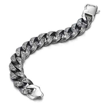 COOLSTEELANDBEYOND Mens Stainless Steel Vintage Fancy Curb Chain Bracelet with Tribal Tattoo Pattern, Retro Style, 8 inches