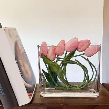 CYS EXCEL Glass Book Vase (H:6" Open:7"x2") | Multiple Size Choices Round Edge Oval Flower Vase | Rectangular Wedding Centerpiece Vases