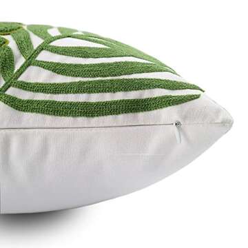 Hodeco Embroidery Throw Pillow Covers 18x18 Home Decor Loop Tropical Green Leave Floor Pillow Cover for Couch 100% Cotton Canvas Cushion Cover Pillow Case Plant Monstera Leaf 45x45, 1 Piece