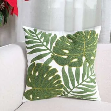 Hodeco Tropical Green Leaf Embroidery Pillow Cover