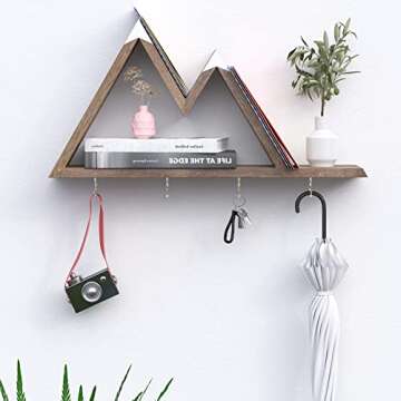 Mountain Shelf Key Holder for Wall, Wooden Mountain Decor w/ 4 Hooks, Mountain Floating Shelf, Rustic Wall Mail Organizer for Entryway/Bedroom/Living Room