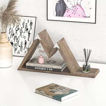 Mountain Shelf Key Holder for Wall, Wooden Mountain Decor w/ 4 Hooks, Mountain Floating Shelf, Rustic Wall Mail Organizer for Entryway/Bedroom/Living Room