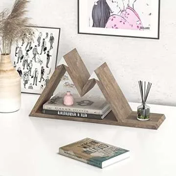 Mountain Shelf Key Holder for Wall, Wooden Mountain Decor w/ 4 Hooks, Mountain Floating Shelf, Rustic Wall Mail Organizer for Entryway/Bedroom/Living Room