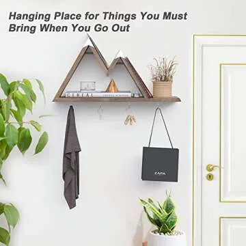 Mountain Shelf Key Holder for Wall, Wooden Mountain Decor w/ 4 Hooks, Mountain Floating Shelf, Rustic Wall Mail Organizer for Entryway/Bedroom/Living Room
