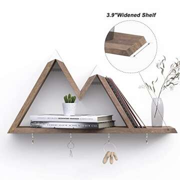Mountain Shelf Key Holder for Wall, Wooden Mountain Decor w/ 4 Hooks, Mountain Floating Shelf, Rustic Wall Mail Organizer for Entryway/Bedroom/Living Room