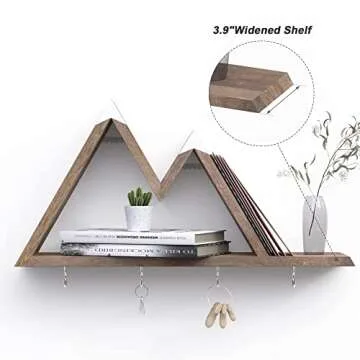 Mountain Shelf Key Holder for Wall, Wooden Mountain Decor w/ 4 Hooks, Mountain Floating Shelf, Rustic Wall Mail Organizer for Entryway/Bedroom/Living Room