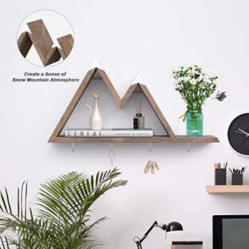 Mountain Shelf Key Holder for Wall, Wooden Mountain Decor w/ 4 Hooks, Mountain Floating Shelf, Rustic Wall Mail Organizer for Entryway/Bedroom/Living Room