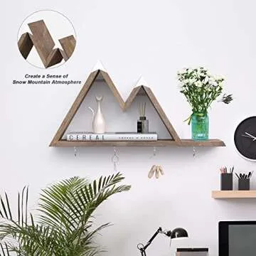 Mountain Shelf Key Holder for Wall, Wooden Mountain Decor w/ 4 Hooks, Mountain Floating Shelf, Rustic Wall Mail Organizer for Entryway/Bedroom/Living Room