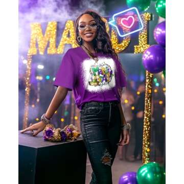 JMHACHY Mardi Gras T-Shirt for Women - Colorful Mask Beads Festive Design Graphic Shirt, Purple Casual Tee Soft Cotton Suitable for Celebrations, Crewneck Sleeve Top Print Tops, XL