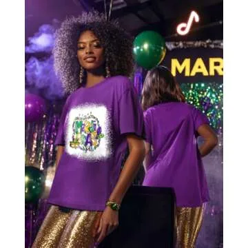 JMHACHY Mardi Gras T-Shirt for Women - Colorful Mask Beads Festive Design Graphic Shirt, Purple Casual Tee Soft Cotton Suitable for Celebrations, Crewneck Sleeve Top Print Tops, XL