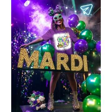JMHACHY Mardi Gras T-Shirt for Women - Colorful Mask Beads Festive Design Graphic Shirt, Purple Casual Tee Soft Cotton Suitable for Celebrations, Crewneck Sleeve Top Print Tops, XL
