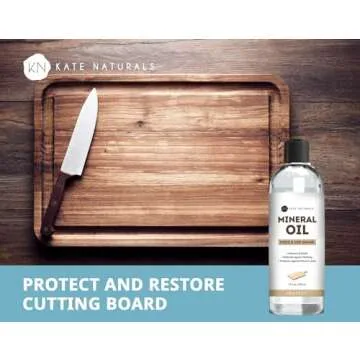 Kate Naturals Mineral Oil for Cutting Board 12oz with Wax Applicator. Food Grade & Food Safe Mineral Oil to Protect Wood on Cutting Boards, Butcher Block & Bamboo Boards