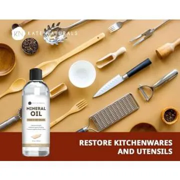 Kate Naturals Mineral Oil for Cutting Board 12oz with Wax Applicator. Food Grade & Food Safe Mineral Oil to Protect Wood on Cutting Boards, Butcher Block & Bamboo Boards