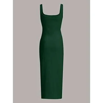Verdusa Women's Casual Sleeveless Square Neck High Waist Rib Knit Tank Long Dress in Dark Green