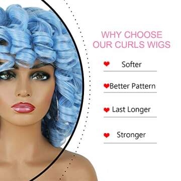 PHOENIXFLY Blue Curly Wigs for Black Women Short Curly Wigs for Women Curly Synthetic Hair Wigs Heat Resistant Hair Replacement Wigs with Wig Caps (Blue)