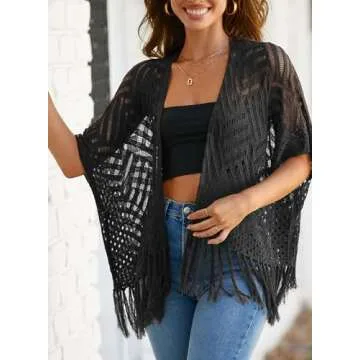 Sidefeel Women's 2025 Cropped Crochet Top Lightweight Summer Cardigan Beach Kimono Cover Ups Small Black