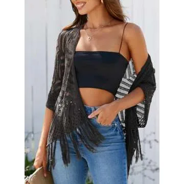 Sidefeel Women's 2025 Cropped Crochet Top Lightweight Summer Cardigan Beach Kimono Cover Ups Small Black