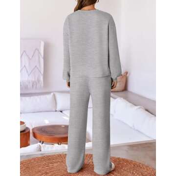 ZESICA Womens Casual Pajama sets Long Sleeve Tops Wide Leg Long Pants 2 Piece Outfits Lounge Sets with Pockets,Light Grey,X-Large