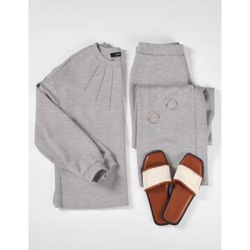 ZESICA Womens Casual Pajama sets Long Sleeve Tops Wide Leg Long Pants 2 Piece Outfits Lounge Sets with Pockets,Light Grey,X-Large