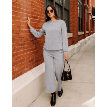 ZESICA Womens Casual Pajama sets Long Sleeve Tops Wide Leg Long Pants 2 Piece Outfits Lounge Sets with Pockets,Light Grey,X-Large