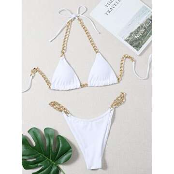 MakeMeChic Women's Chain Linked Triangle Bikini Swimsuit High Cut Bathing Suit White S