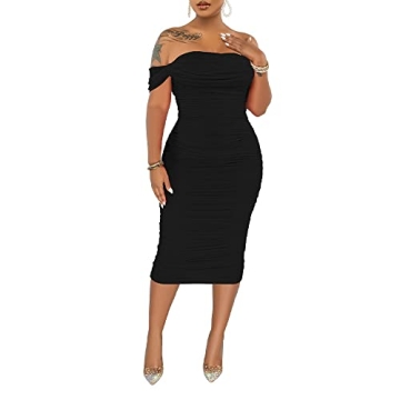 PINSV Women Ruched Off Shoulder Dress Bodycon Party Elegant Midi Dresses XL Black