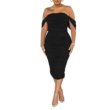 PINSV Elegant Ruched Off Shoulder Midi Dress for Women