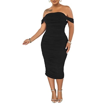 PINSV Elegant Ruched Off Shoulder Midi Dress for Women
