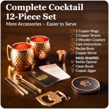 Copper-Bar Moscow Mule Copper Mugs | Set of 2 Hammered Cups | 100% HANDCRAFTED Pure Solid Copper | Gift Set With Cocktail Straws | Shot Glass | Coasters | Copper Stirrer & Beer opener (Black)