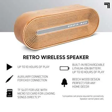 SHARPER IMAGE Retro Wireless Speaker, Sync to Smartphone or Tablet with Bluetooth, Stream for up to 10 Hours per Charge, Rechargeable, Aux in, Micro SD Card Compatible, Mid-Century Oval Wood Design