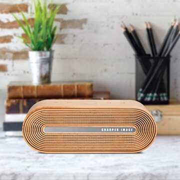 SHARPER IMAGE Retro Wireless Speaker, Sync to Smartphone or Tablet with Bluetooth, Stream for up to 10 Hours per Charge, Rechargeable, Aux in, Micro SD Card Compatible, Mid-Century Oval Wood Design