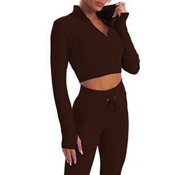 SVVINN Women Workout Outfits 2 Piece Ribbed Seamless Gym Zipper Bra Yoga High Waist Leggings Sets (8385 Coffee, S)