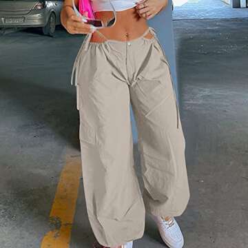 Y2K Pants, Baggy Cargo for Women Over Size Long Pants High Waist Pleated Rope Belt Adjustable Pants Women’S Work Pants Woman Waisted Dance Studio Pants Dupes Jeans Pants (M, Gray)