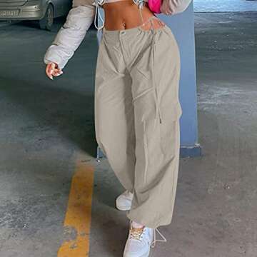 Y2K Pants, Baggy Cargo for Women Over Size Long Pants High Waist Pleated Rope Belt Adjustable Pants Women’S Work Pants Woman Waisted Dance Studio Pants Dupes Jeans Pants (M, Gray)