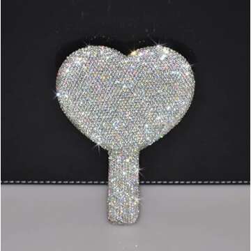 Wowagoga Sparkling Rhinestone Heart Shaped Handheld Mirror Heart Mirror Cosmetic Hand Mirror with Handle Cute Hand Mirror for Women Girls(White)