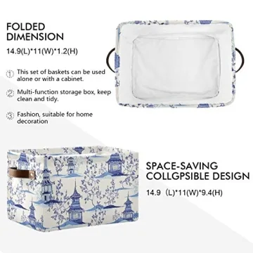 susiyo Large Closet Storage Bin Pagodas Chinoiserie Fabric Storage Baskets Collapsible Decorative Baskets Organizing Basket Bin with PU Handles for Shelves Home Closet Bedroom Living Room-2Pack