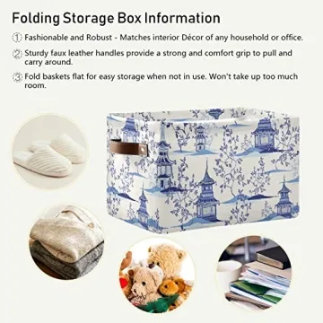 susiyo Large Closet Storage Bin Pagodas Chinoiserie Fabric Storage Baskets Collapsible Decorative Baskets Organizing Basket Bin with PU Handles for Shelves Home Closet Bedroom Living Room-2Pack