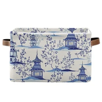 susiyo Large Closet Storage Bin Pagodas Chinoiserie Fabric Storage Baskets Collapsible Decorative Baskets Organizing Basket Bin with PU Handles for Shelves Home Closet Bedroom Living Room-2Pack