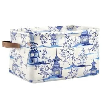 susiyo Large Closet Storage Bin Pagodas Chinoiserie Fabric Storage Baskets Collapsible Decorative Baskets Organizing Basket Bin with PU Handles for Shelves Home Closet Bedroom Living Room-2Pack