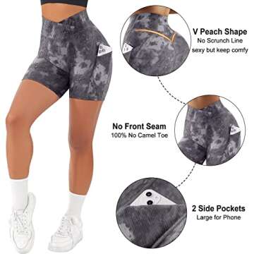 OMKAGI Women V Waist Workout Shorts with Pockets 4 inch Ribbed Seamless High Waisted Yoga Biker Shorts(S,1273-Black Gray Tie Dye)