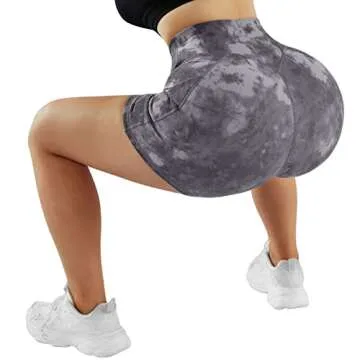 OMKAGI Women V Waist Workout Shorts with Pockets 4 inch Ribbed Seamless High Waisted Yoga Biker Shorts(S,1273-Black Gray Tie Dye)
