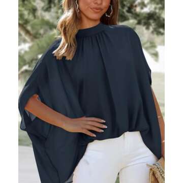 BTFBM Women Mock Neck Summer Tops 2025 Spring Batwing Short Sleeve Loose High Low Hem Casual Oversized Blouses Shirts(Solid Navy, Small)