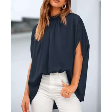 BTFBM Women Mock Neck Summer Tops 2025 Spring Batwing Short Sleeve Loose High Low Hem Casual Oversized Blouses Shirts(Solid Navy, Small)