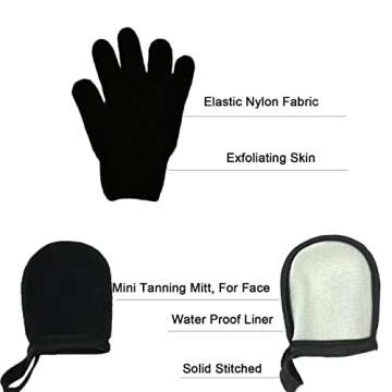 5 Piece Self Tanning Mitt Applicator Set with Self Tan Glove Tanning Back Lotion Applicator Tanning Brush Tan Face Mitt Exfoliating Glove, for Self Sunless Tanning Tan (black)