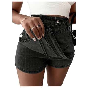SHENHE Women's Vintage Mini Denim Skorts Wrap Overlay Irregular Stretchy Cargo Shorts Black M
