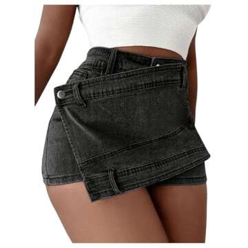 SHENHE Women's Vintage Mini Denim Skorts Wrap Overlay Irregular Stretchy Cargo Shorts Black M