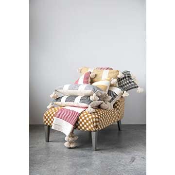 Creative Co-Op Cotton & Chenille Vertical Grey Stripes, Tassels & Solid Cream Back Pillows, 1 Count (Pack of 1)