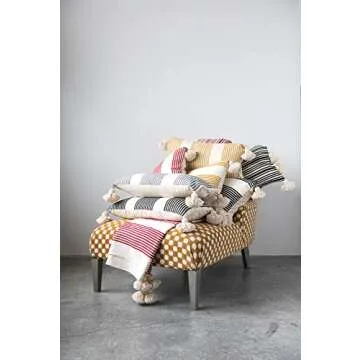 Creative Co-Op Cotton & Chenille Vertical Grey Stripes, Tassels & Solid Cream Back Pillows, 1 Count (Pack of 1)