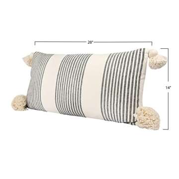 Creative Co-Op Cotton & Chenille Vertical Grey Stripes, Tassels & Solid Cream Back Pillows, 1 Count (Pack of 1)