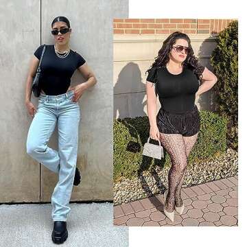 SHAPERX Women's Fit Everybody Bodysuit Soft Crew Neck T-shirt Body Suits with Thong Design, SZ5249-Black-M